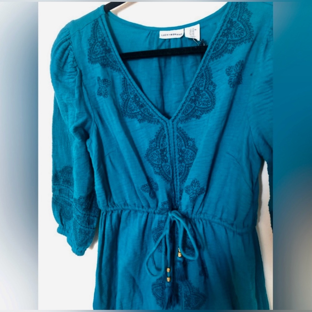 Lucky Brand BohoTeal Blue Midi 3/4 Sleeve Dress☘️
